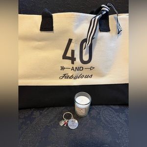 40 Fabulous Birthday gift lot set large tote, candle & keychain wine black white